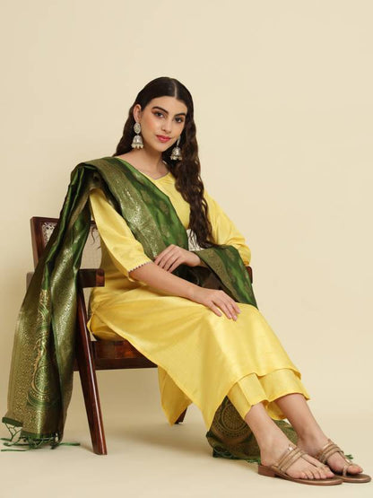 Women Cotton Silk Kurta Pant Dupatta Set