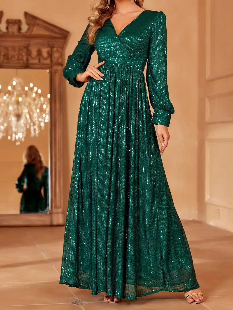 Emerald Green Sequin V-Neck Long Sleeve A-Line Dress | Delivery: 7 to 10 business days | Limited stocks available