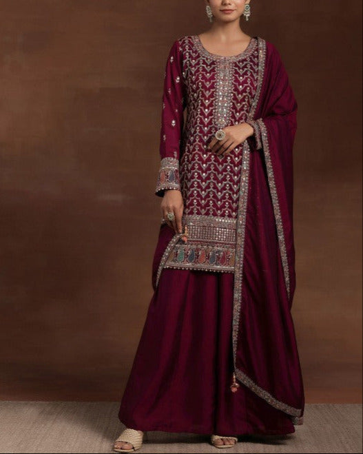 Ethnic Motifs Embroidered Sequinned Straight Kurta With Palazzos & Dupatta-KYAMSTORE