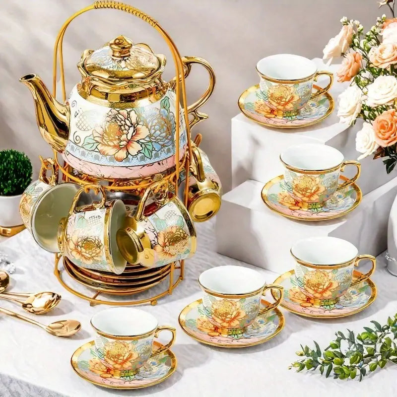 14pcs, Complete Camellia Golden Cup and Saucer Set with Cup Holder | Delivery: 7 to 10 business days | Limited stocks available | Hurry before Sold Out