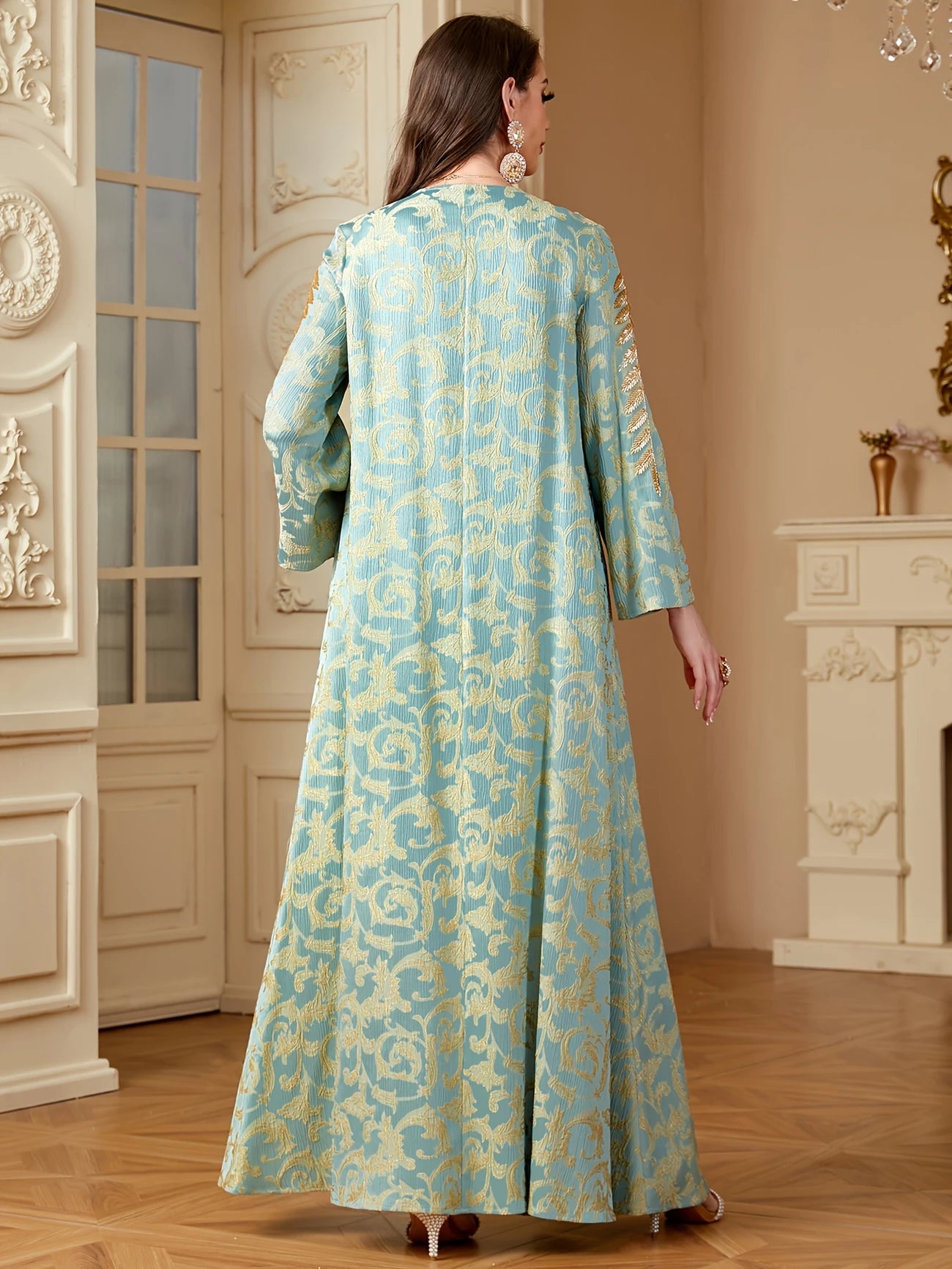 Maxi Dress - Light Blue with Golden Paisley Appliqués | Delivery: 5 to 10 business days | Limited stocks available | Hurry before Sold Out