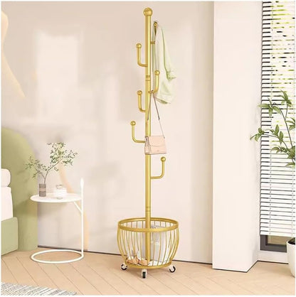 Metal Coat Rack with Storage Basket, 2-in 1 Garment Rack