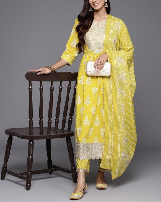 Women Floral Yoke Design High Slit Pure Cotton Kurta with Palazzos & With Dupatta-KYAMSTORE