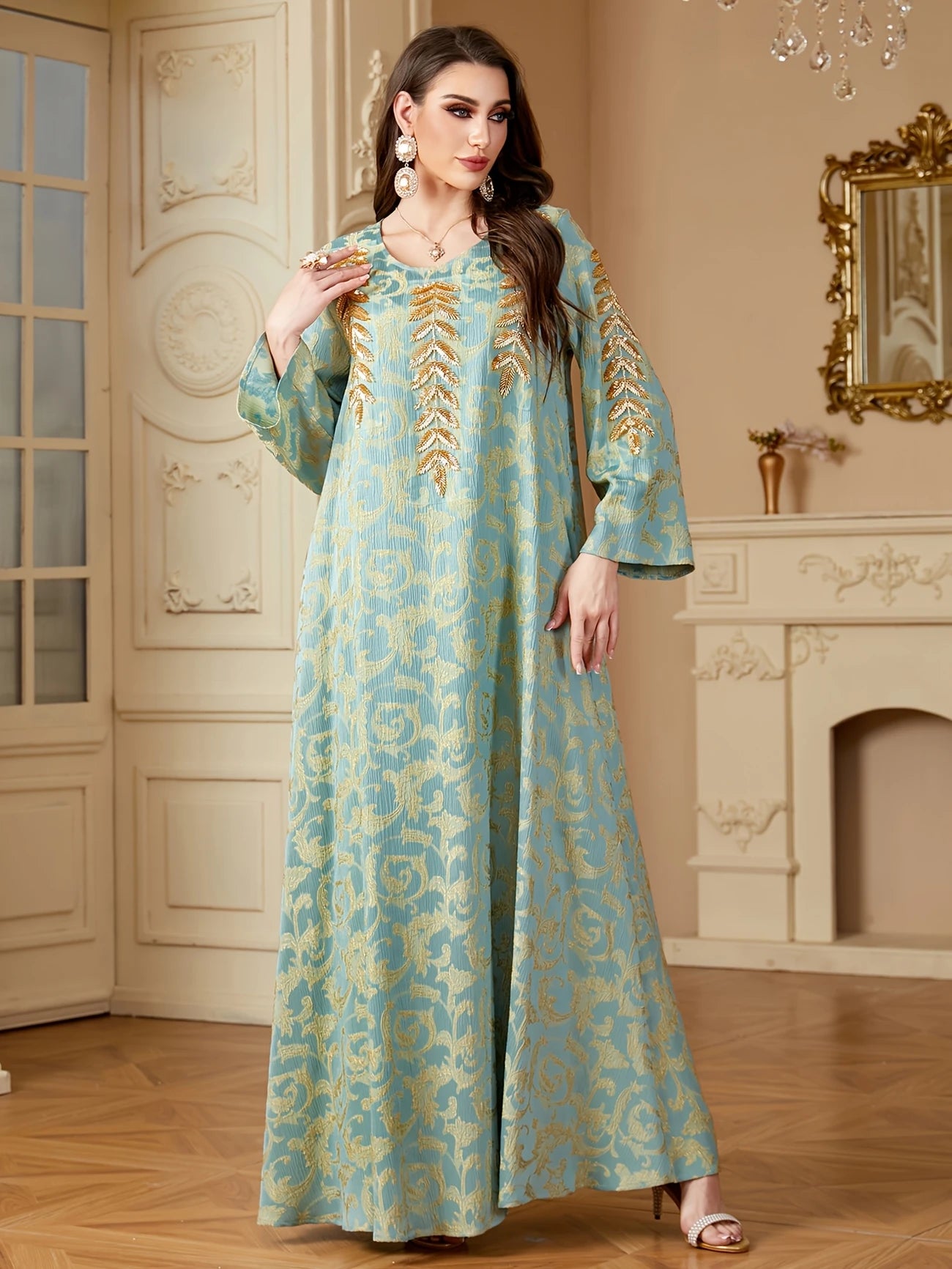Maxi Dress - Light Blue with Golden Paisley Appliqués | Delivery: 5 to 10 business days | Limited stocks available | Hurry before Sold Out