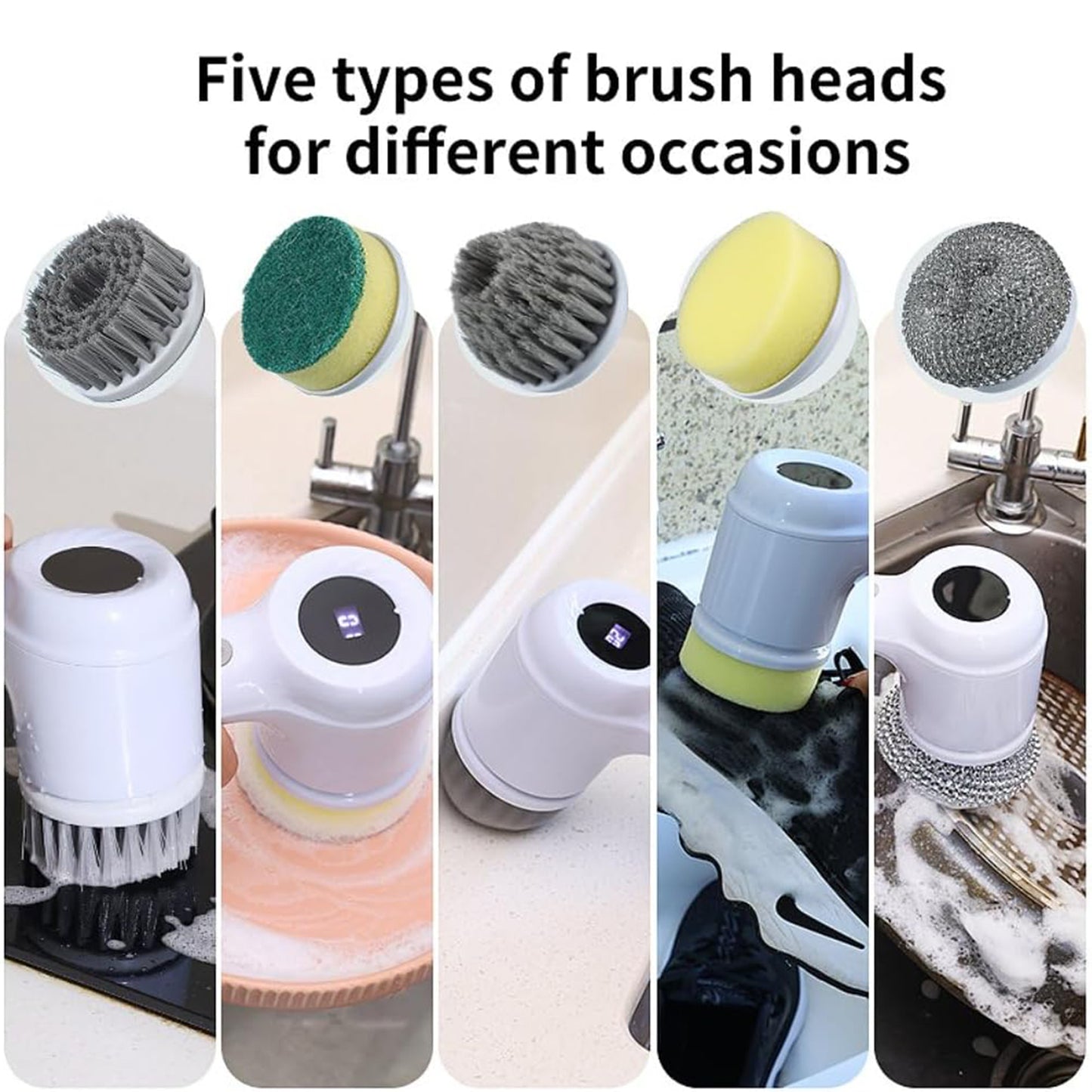 Multifunctional Electric Brush for Cleaning with LED Indicator and 5 Brush Heads