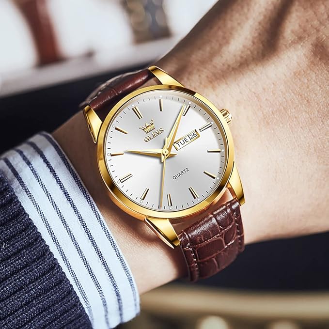 OLEVS Watches for Men Brown Leather Gold Case Analog Quartz Fashion Business Dress Watch
