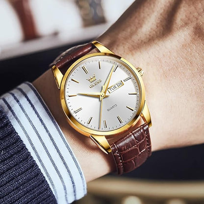 OLEVS Watches for Men Brown Leather Gold Case Analog Quartz Fashion Business Dress Watch