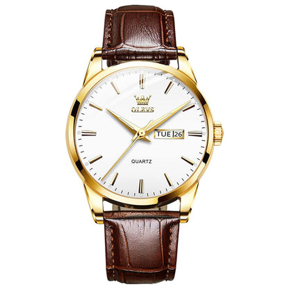 OLEVS Watches for Men Brown Leather Gold Case Analog Quartz Fashion Business Dress Watch