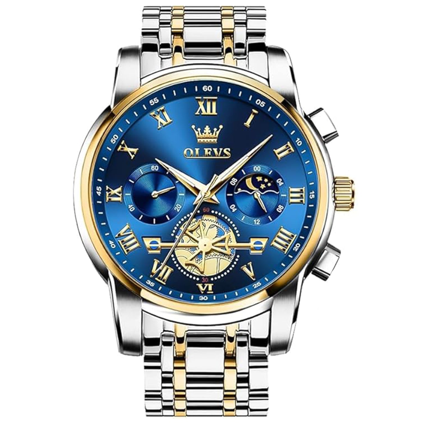 Luxury watch with blue face and gold accents on a white background