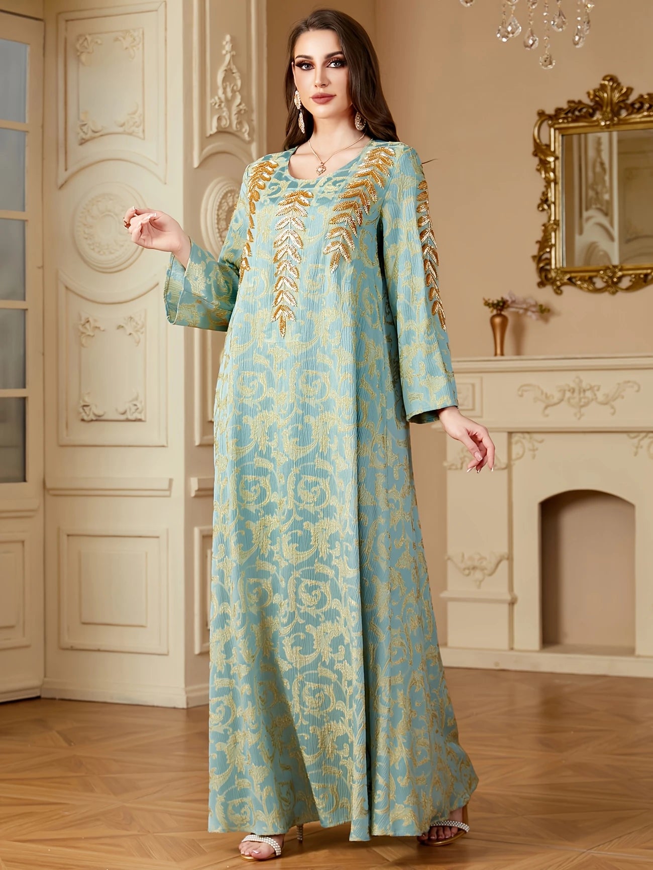Maxi Dress - Light Blue with Golden Paisley Appliqués | Delivery: 5 to 10 business days | Limited stocks available | Hurry before Sold Out