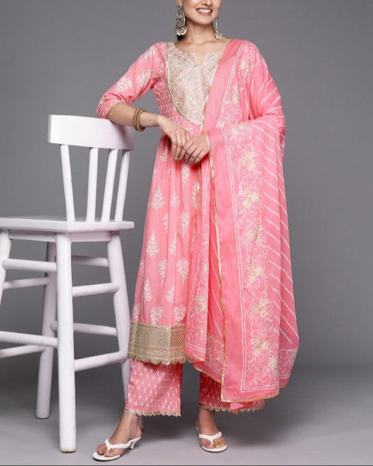 Women Ethnic Motifs Embroidered Pure Cotton Kurta With Palazzos & With Dupatta-KYAMSTORE