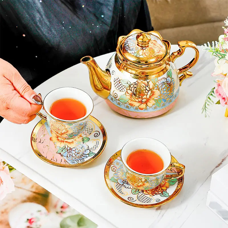 14pcs, Complete Camellia Golden Cup and Saucer Set with Cup Holder | Delivery: 7 to 10 business days | Limited stocks available | Hurry before Sold Out