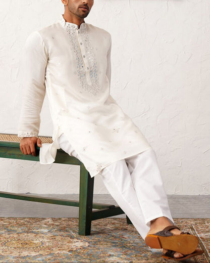 Floral Embroidered Mirror Work Mandarin Collar Cotton Silk Straight Kurta-KYAMSTORE