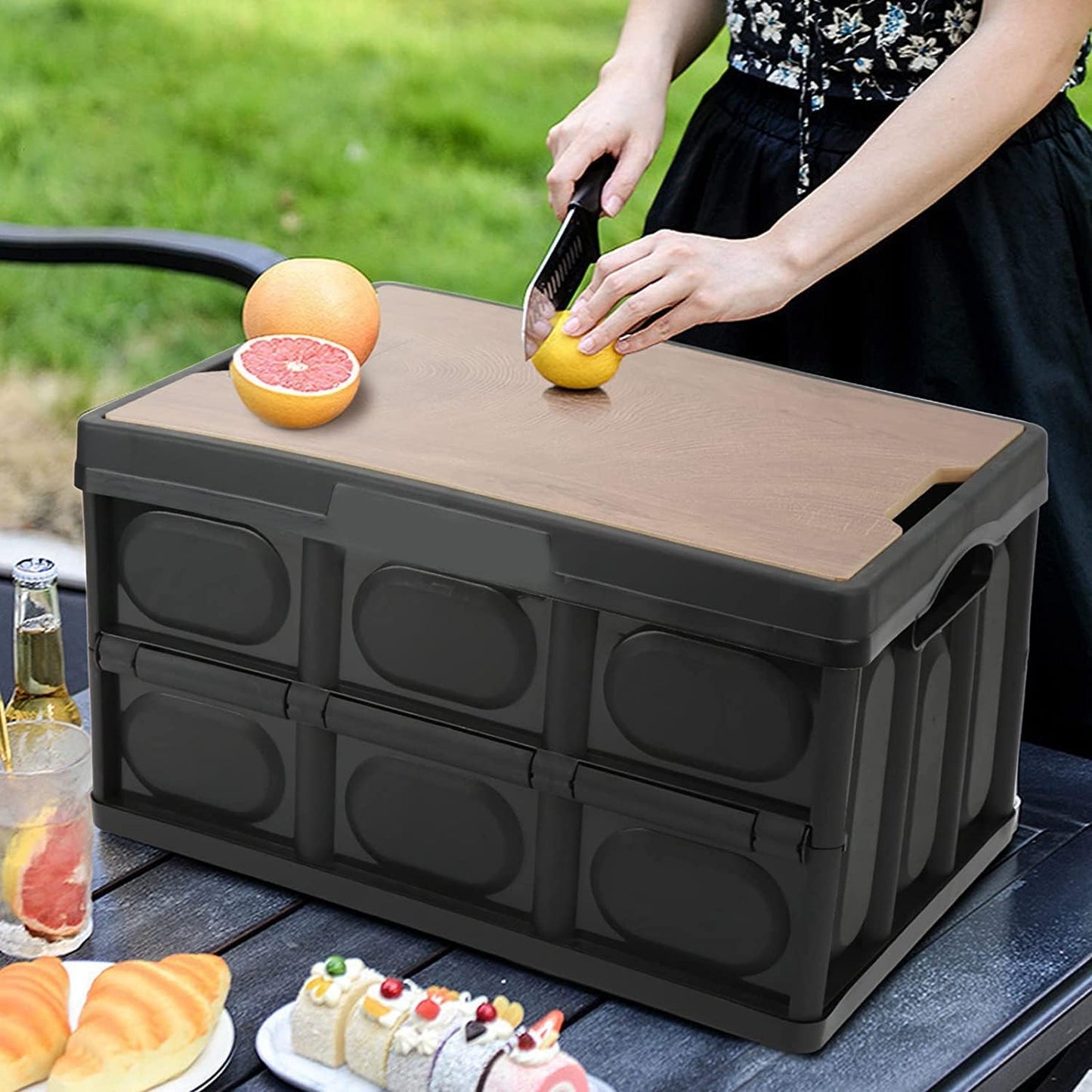 Folding Storage Bins with Wood Lid