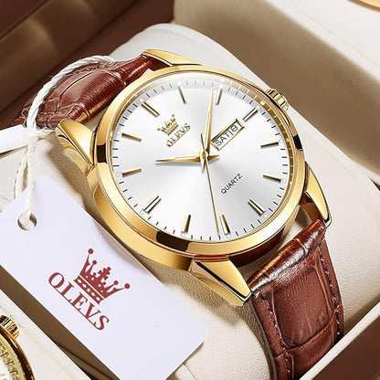 OLEVS Watches for Men Brown Leather Gold Case Analog Quartz Fashion Business Dress Watch