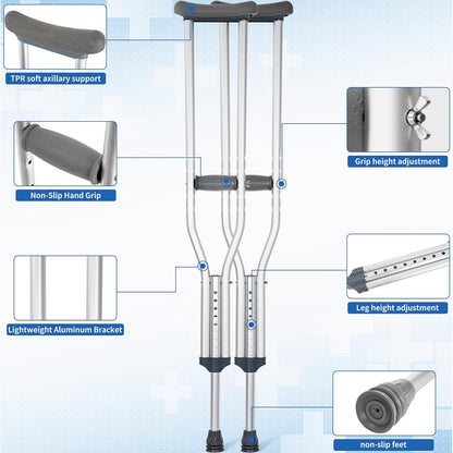 Crutches for Adults (Pair) - Lightweight, Adjustable Aluminum Walking Crutches