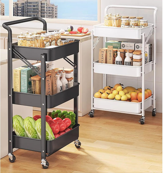 Kitchen Wagon, With Wheels, 3 Tiers, Foldable, Steel Rack