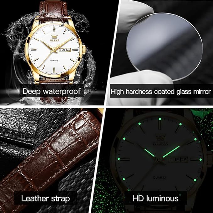 OLEVS Watches for Men Brown Leather Gold Case Analog Quartz Fashion Business Dress Watch