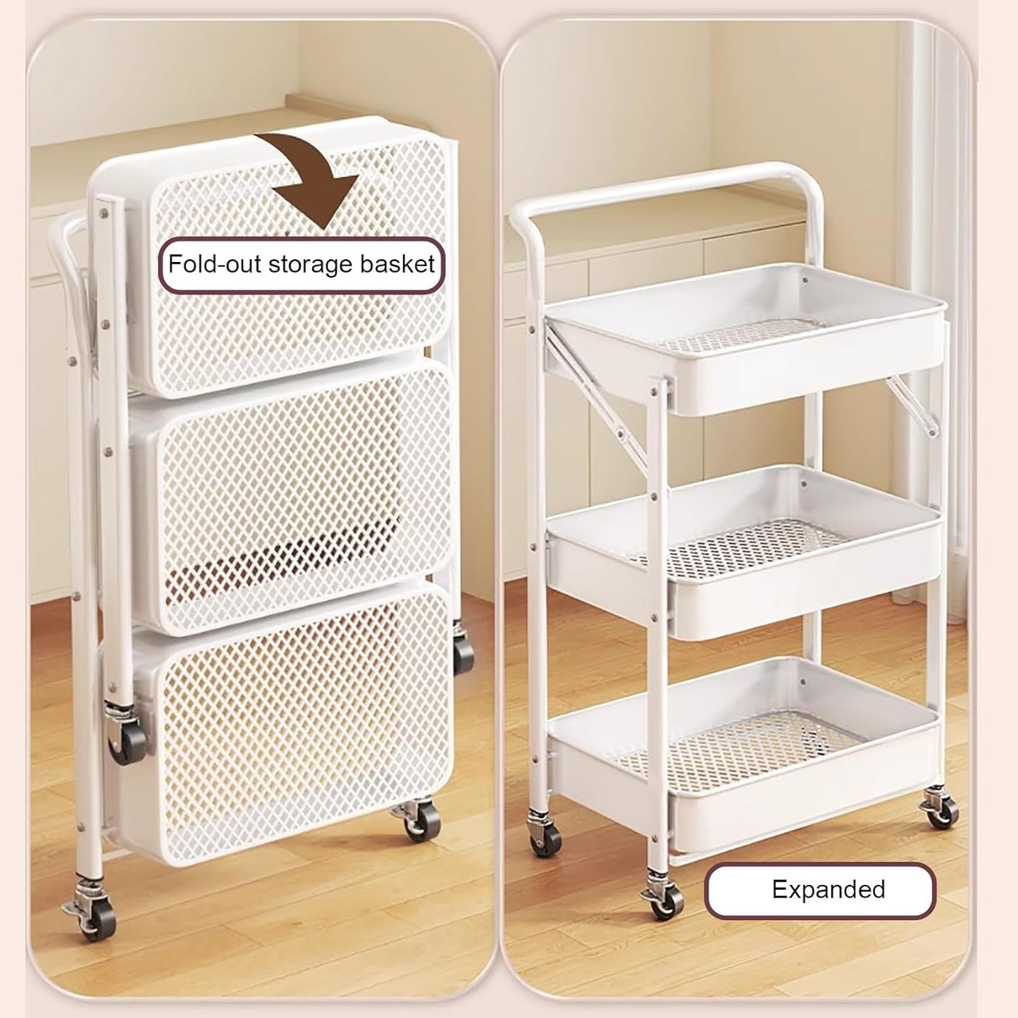 Kitchen Wagon, With Wheels, 3 Tiers, Foldable, Steel Rack