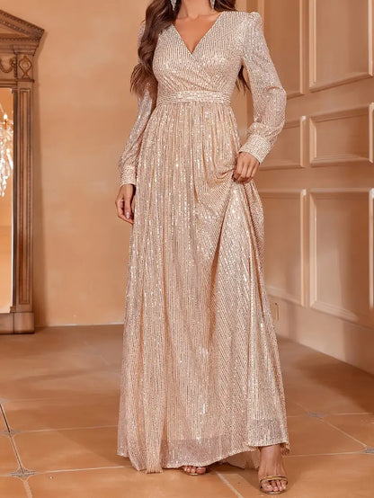 Emerald Green Sequin V-Neck Long Sleeve A-Line Dress | Delivery: 7 to 10 business days | Limited stocks available