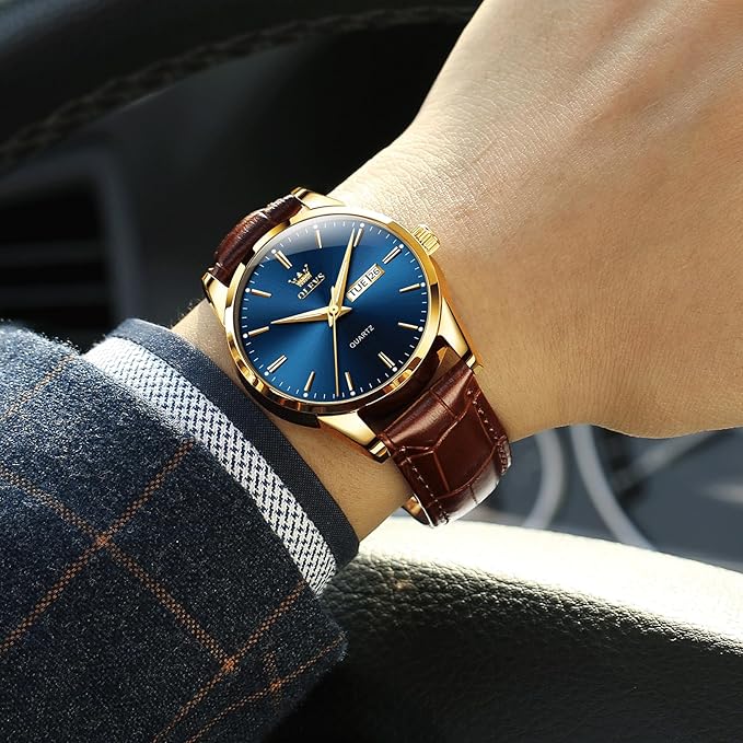 OLEVS Watches for Men Brown Leather Gold Case Analog Quartz Fashion Business Dress Watch