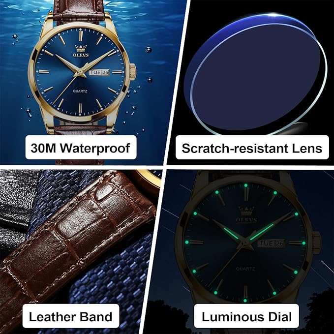 OLEVS Watches for Men Brown Leather Gold Case Analog Quartz Fashion Business Dress Watch