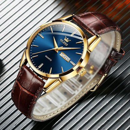 OLEVS Watches for Men Brown Leather Gold Case Analog Quartz Fashion Business Dress Watch