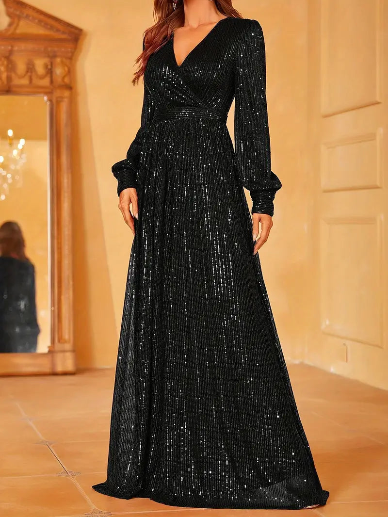 Emerald Green Sequin V-Neck Long Sleeve A-Line Dress | Delivery: 7 to 10 business days | Limited stocks available