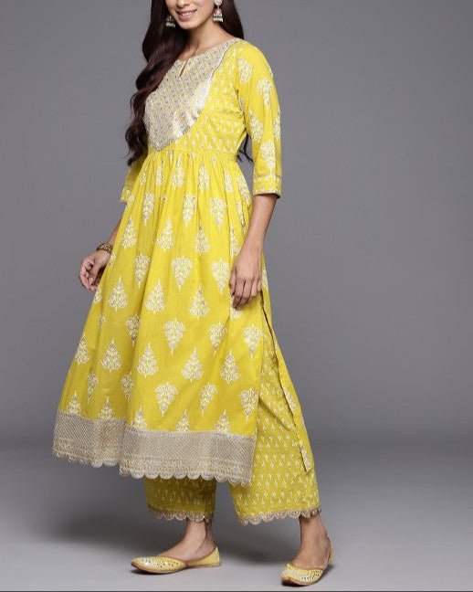 Women Floral Yoke Design High Slit Pure Cotton Kurta with Palazzos & With Dupatta-KYAMSTORE