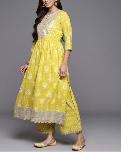 Women Floral Yoke Design High Slit Pure Cotton Kurta with Palazzos & With Dupatta-KYAMSTORE