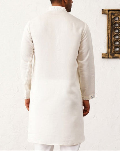 Floral Embroidered Mirror Work Mandarin Collar Cotton Silk Straight Kurta-KYAMSTORE