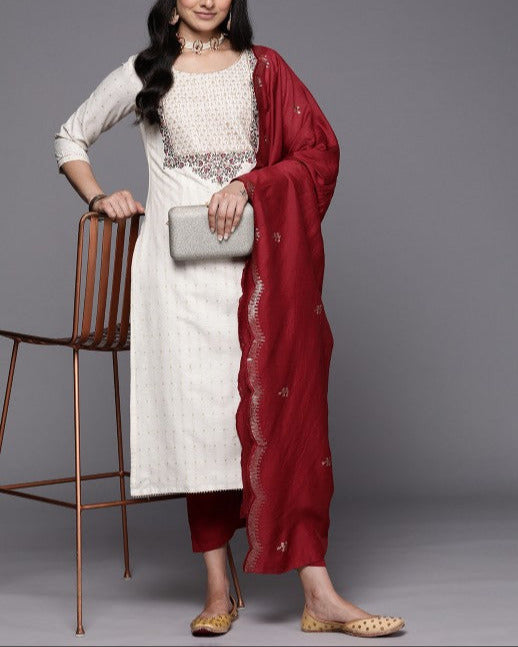 Floral Embroidered Kurta with Trousers & With Dupatta-KYAMSTORE