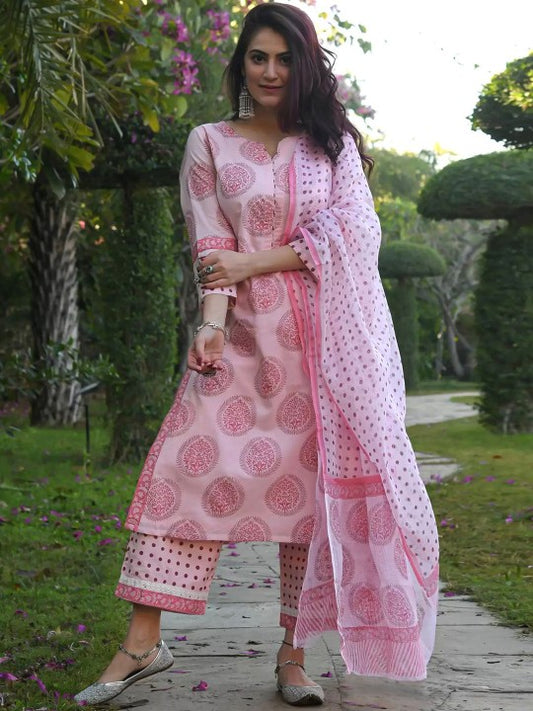 Ethnic Motifs Printed Notch Neck Straight Kurta With Palazzo And Dupatta