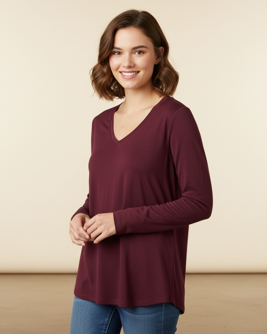 Ukay Find! Chic & Cozy Blouse Top - Deep Burgundy V-Neck