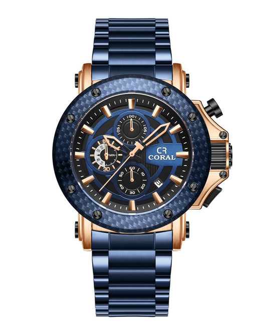 Coral Chronograph Men’s Watch With Date | Stainless Steel | Blue (9616)-KYAMSTORE