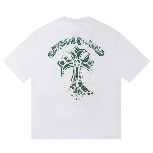 White t-shirt with green graphic design on the back against a white background