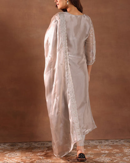 Floral Yoke Design Beads and Stones Tissue Straight Kurta with Trousers & Dupatta-KYAMSTORE
