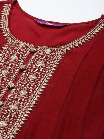 Women Maroon Floral Embroidered Sequinned Kurta with Trousers & Dupatta-KYAMSTORE
