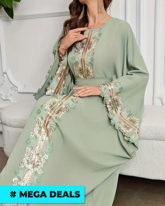 Women's Fashion Elegant Round Neck Tie Belt Arab Dress | Delivery: 7 to 10 business days | Limited stocks available | Hurry before Sold Out