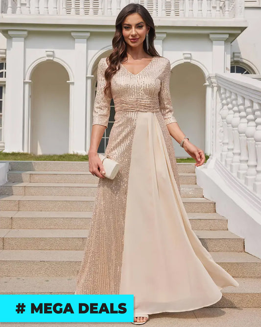 Elegant V-Neck Half Sleeve Sequin Dress with Beaded Detail | Delivery: 7 to 10 business days | Limited stocks available | Hurry before Sold Out