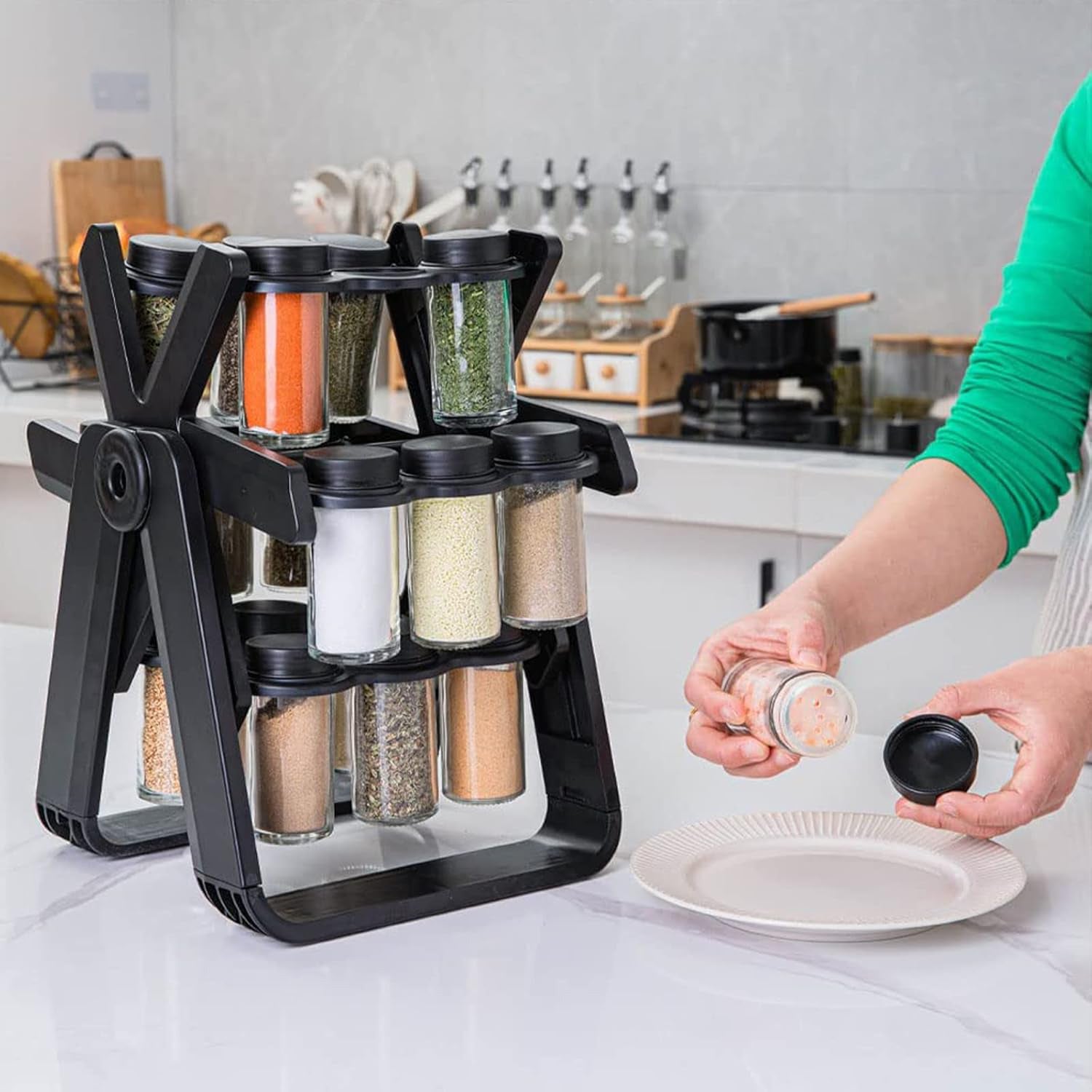 Rotating Ferris Wheel Spice Rack Organizer with 18 Glass Spice Jars-KYAMSTORE