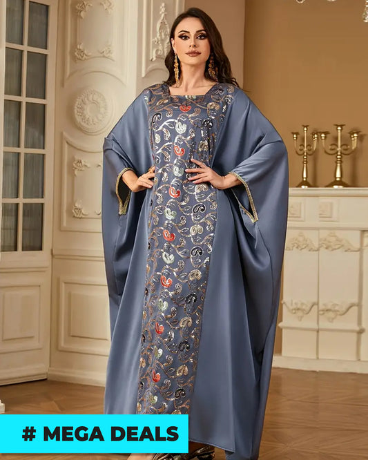 Batwing Sleeve Square Collar Sequin Arabic Long Dress | Delivery: 7 to 10 business days | Limited stocks available | Hurry before Sold Out