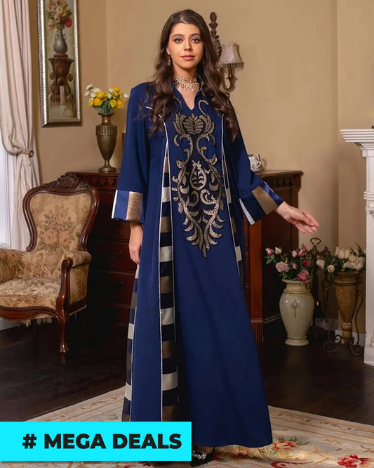 Elegant Navy Blue Floral Print Long Sleeve Kaftan Dress | Delivery: 7 to 10 business days | Limited stocks available | Hurry before Sold Out