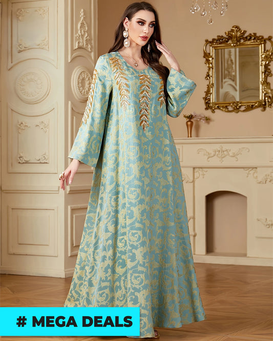 Maxi Dress - Light Blue with Golden Paisley Appliqués | Delivery: 5 to 10 business days | Limited stocks available | Hurry before Sold Out