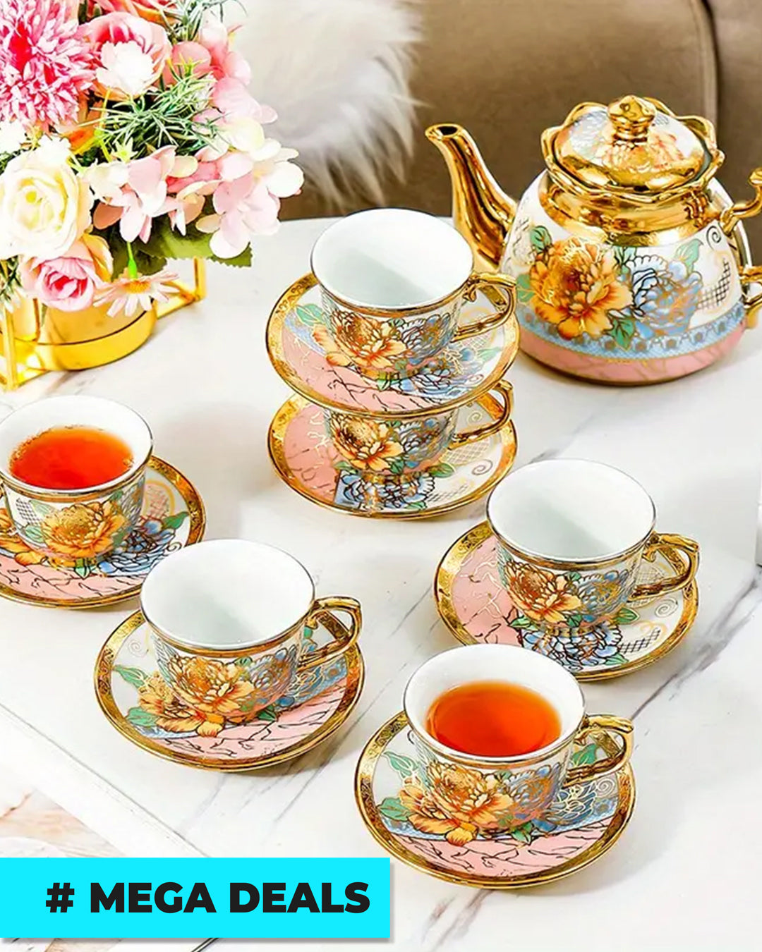 14pcs, Complete Camellia Golden Cup and Saucer Set with Cup Holder | Delivery: 7 to 10 business days | Limited stocks available | Hurry before Sold Out