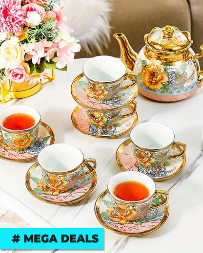 14pcs, Complete Camellia Golden Cup and Saucer Set with Cup Holder | Delivery: 7 to 10 business days | Limited stocks available | Hurry before Sold Out