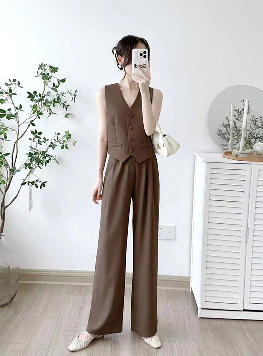 Women's Single Breasted Vest Top Cotton Linen Vintage Pocket Zipper Casual Wide Leg Pants 2 Piece Set | Free Size-KYAMSTORE