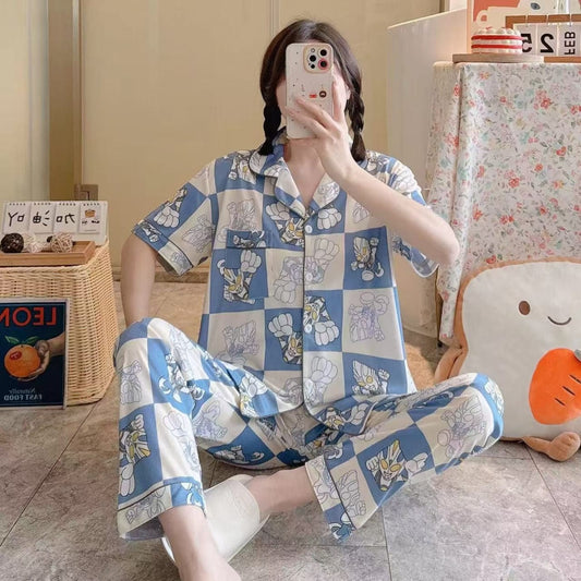 Summer pajamas Silk Pajamas | Women Pajama Sets Print Cute Sleepwear | Free Size-KYAMSTORE