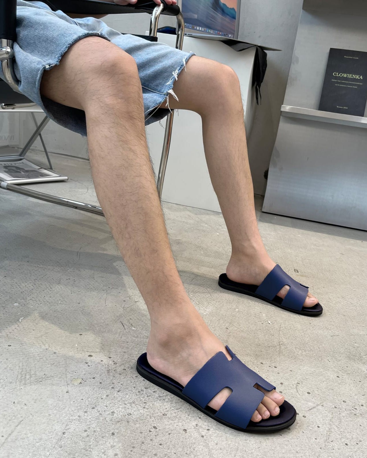 Men's Casual Comfortable Lightweight Fashion Genuine Leather Slippers | Blue-KYAMSTORE