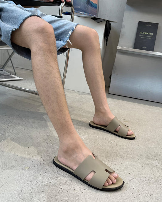Men's Casual Comfortable Lightweight Fashion Genuine Leather Slippers | Beige-KYAMSTORE